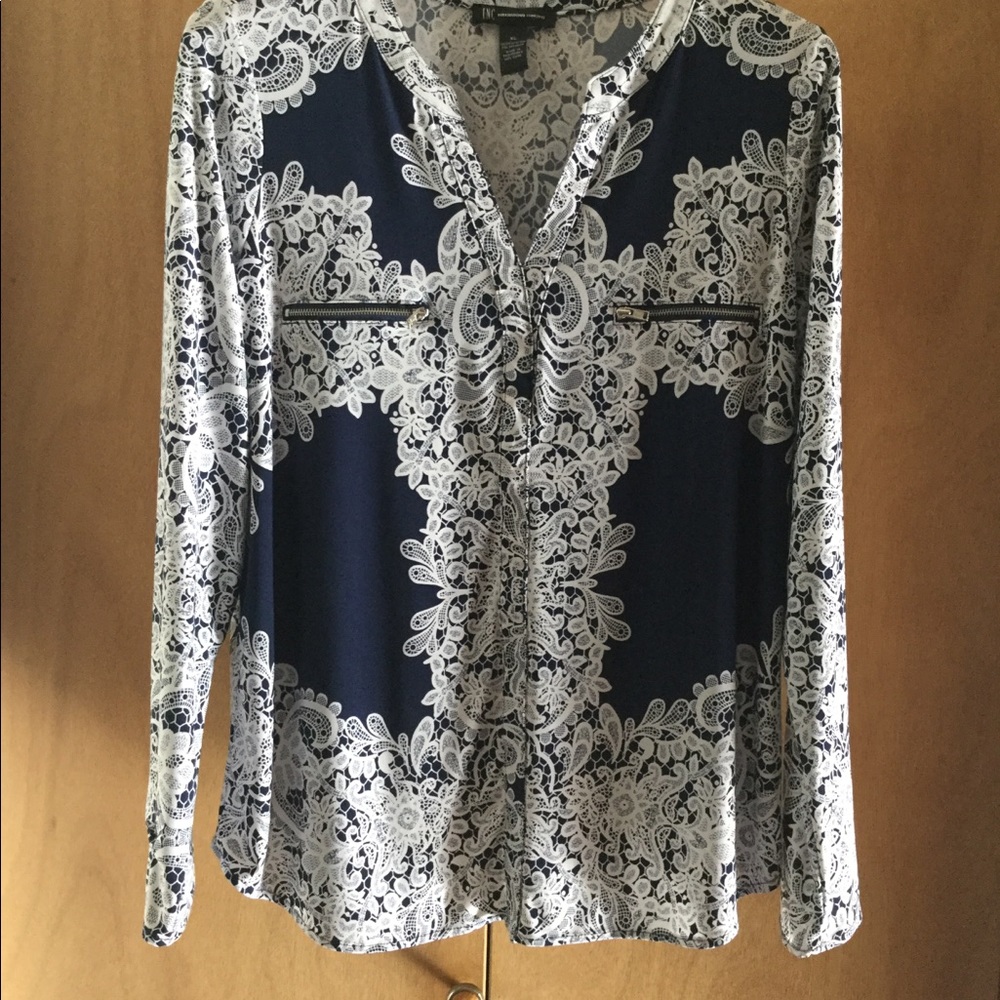 Inc Zipper Accent LS Top XL Blue